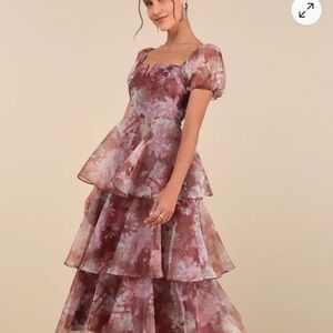 Lulus Darling Vision Rust Floral Organza Puff Sleeve Tiered Midi Dress